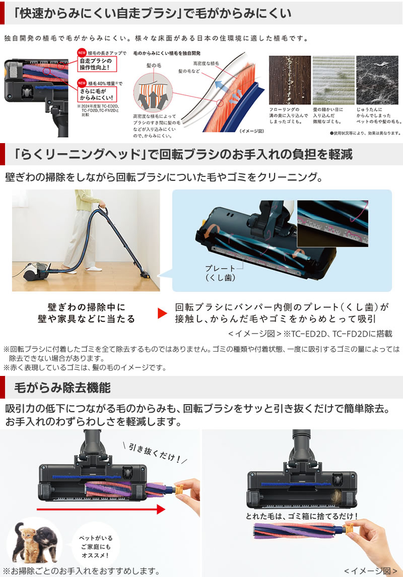 「快速からみにくい自走ブラシ」で毛がからみにくい