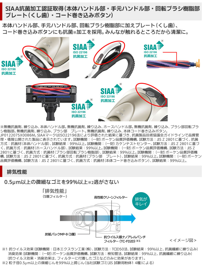 SIAA抗菌加工認証取得（本体ハンドル部・手元ハンドル部・回転ブラシ樹脂部・プレート（くし歯）・コード巻き込みボタン）